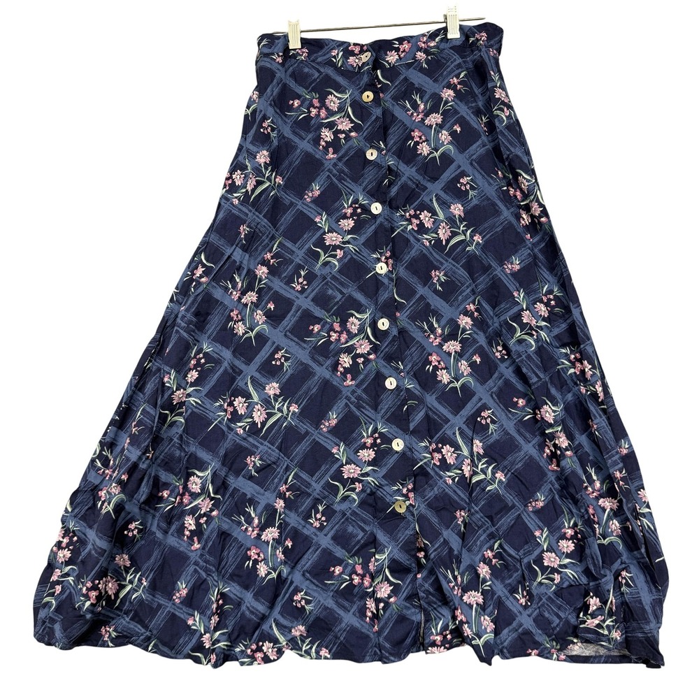 Jantzen Classics Skirt Womens 10 Blue Button Front A-Line Midi Floral Rayon